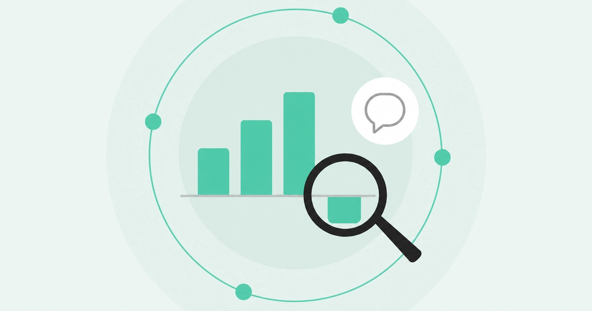 Flat illustration of a seafoam-green forecast bar chart with one bar dipping down, a magnifying glass inspecting the slipped bar, and a speech-bubble badge representing a buyer conversation