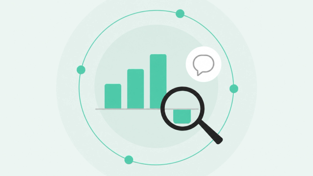 Flat illustration of a seafoam-green forecast bar chart with one bar dipping down, a magnifying glass inspecting the slipped bar, and a speech-bubble badge representing a buyer conversation