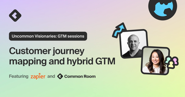 Image with the text "Uncommon Visionaries: GTM sessions | Customer journey mapping and hybrid GTM featuring Zapier and Common Room" and the headshots of the speakers, Giancarlo Lionetti and Linda Lian