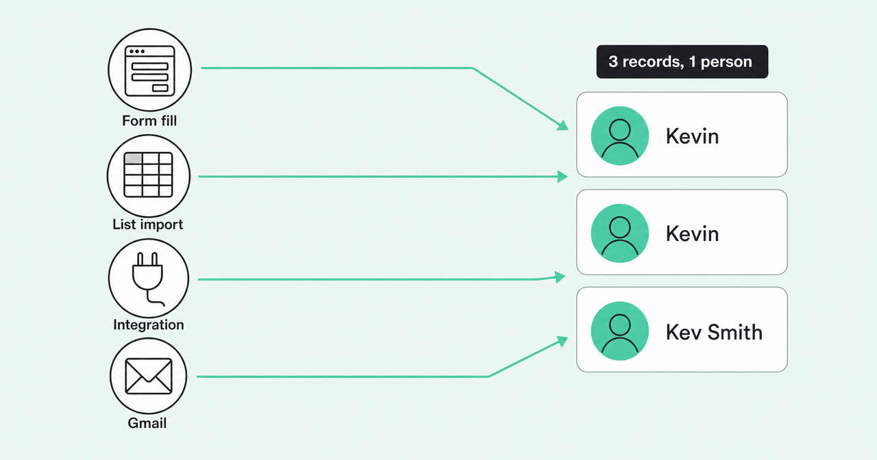 Form fills, list imports, integrations, and Gmail signups creating three separate records for one person