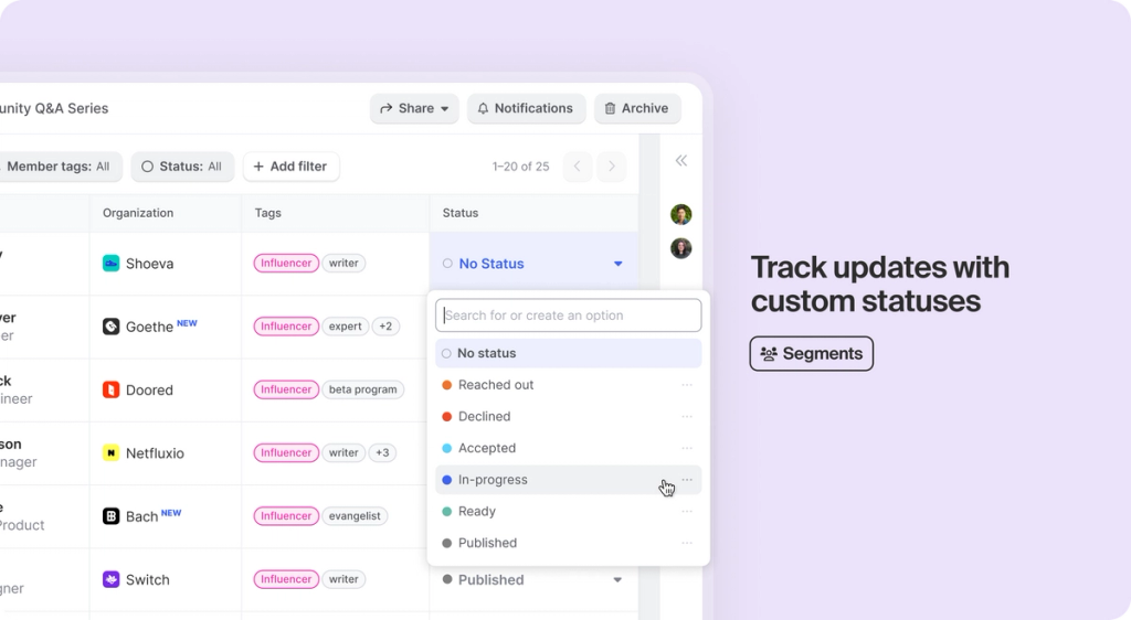 track updates with custom statuses