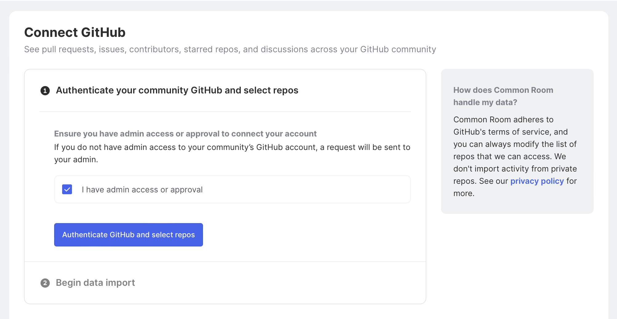 Authenticate GitHub and select repos to pull data from