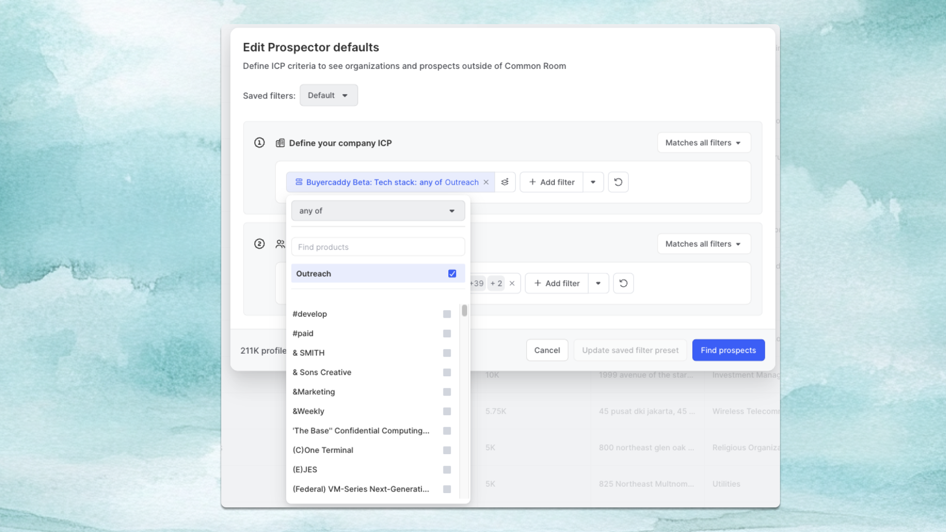 Product image of the prospector interface in Common Room showing the technographic filters available
