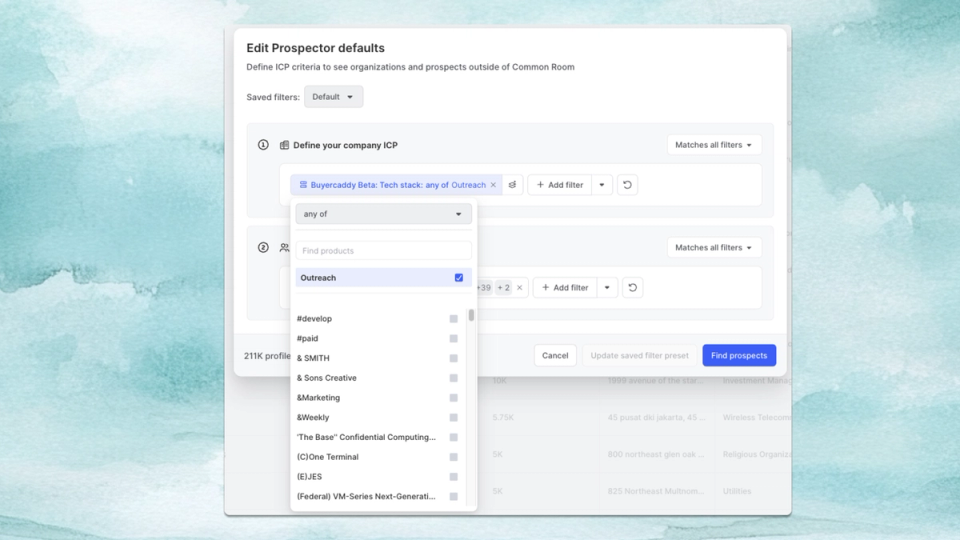 Product image of the prospector interface in Common Room showing the technographic filters available
