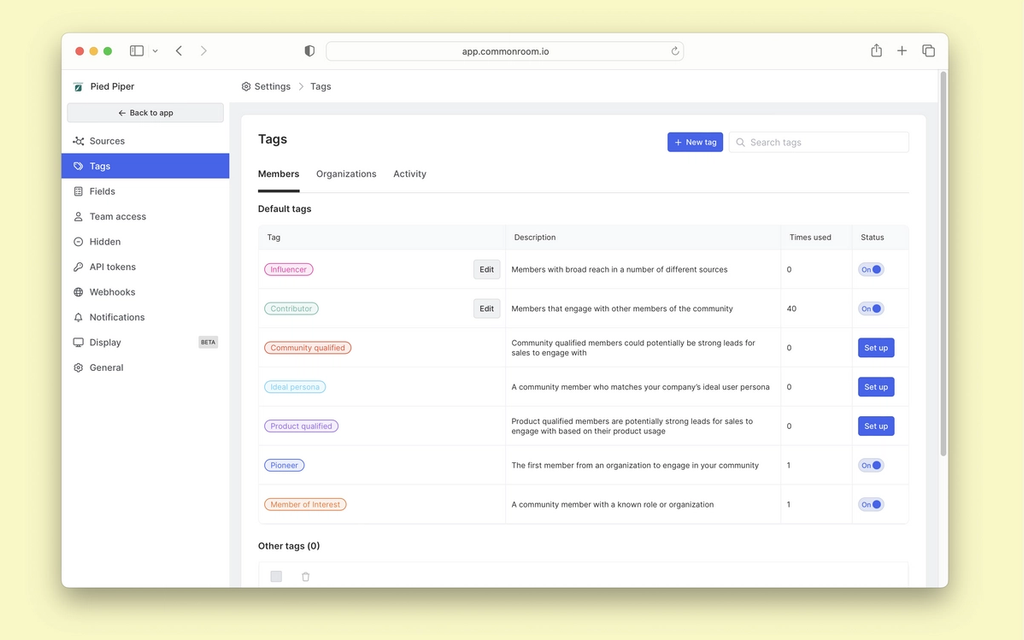 Setup member tags from Settings menu