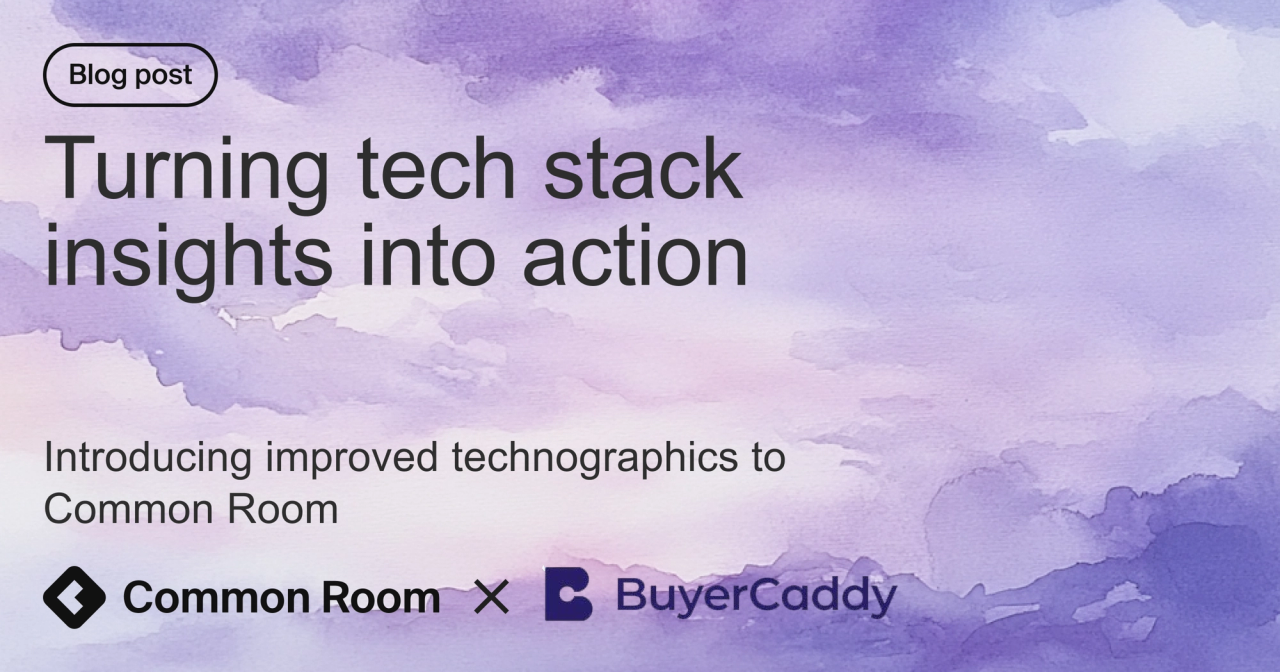 Blog title card with title: "Turning tech insights into action: introducing improved technographics to Common Room (powered by BuyerCaddy)