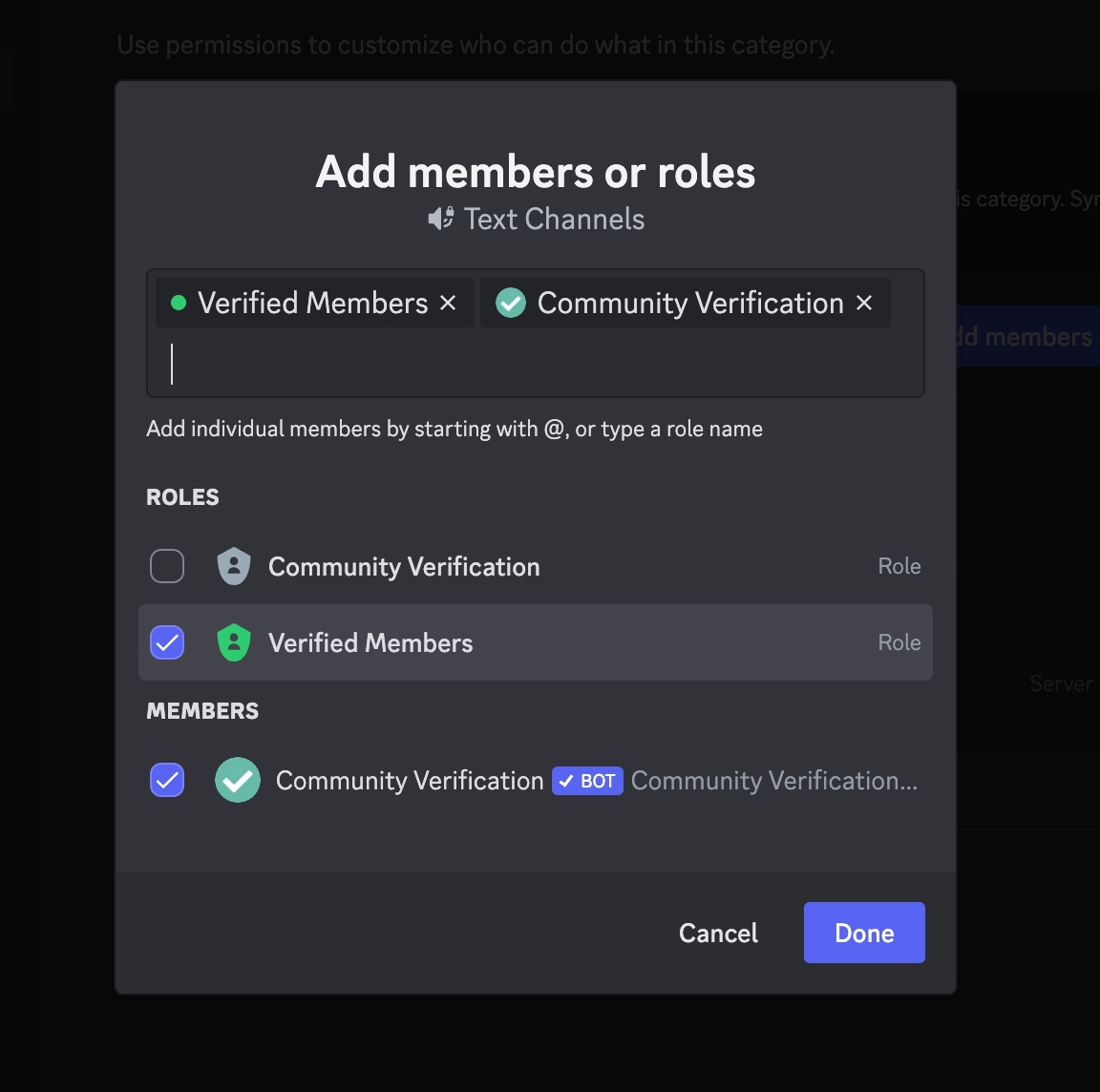 Add roles and bots to category channel access
