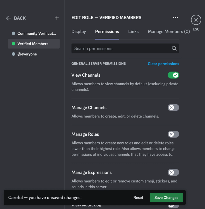 Set permissions for Verified Member roles