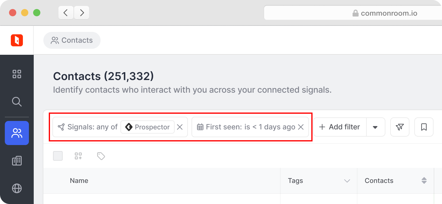 Organizations page with a filter bar containing two filters: "Signals: any of Prospector" and "First seen: is < 1 days ago.