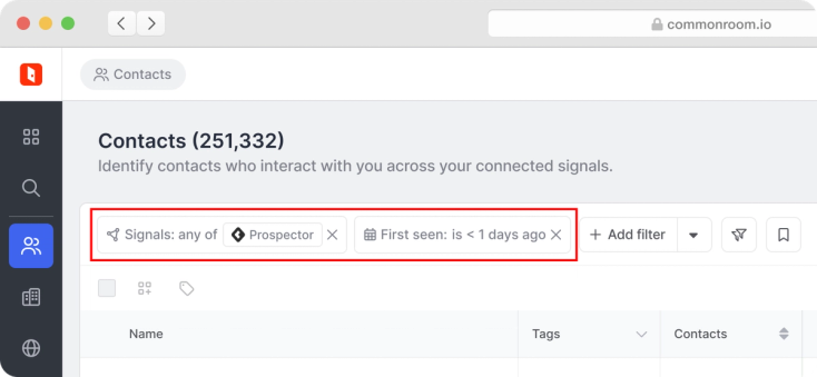 Organizations page with a filter bar containing two filters: "Signals: any of Prospector" and "First seen: is < 1 days ago.
