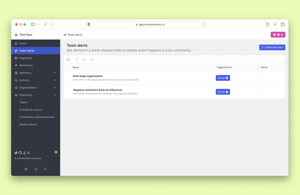 Image of Team alerts page in Common Room