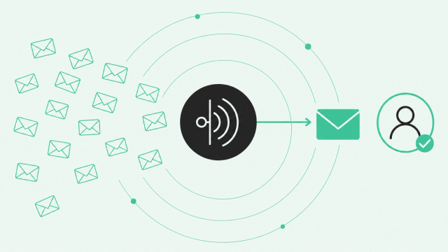 Illustration of many generic emails filtered through a buying-signal badge into one relevant email for the right buyer