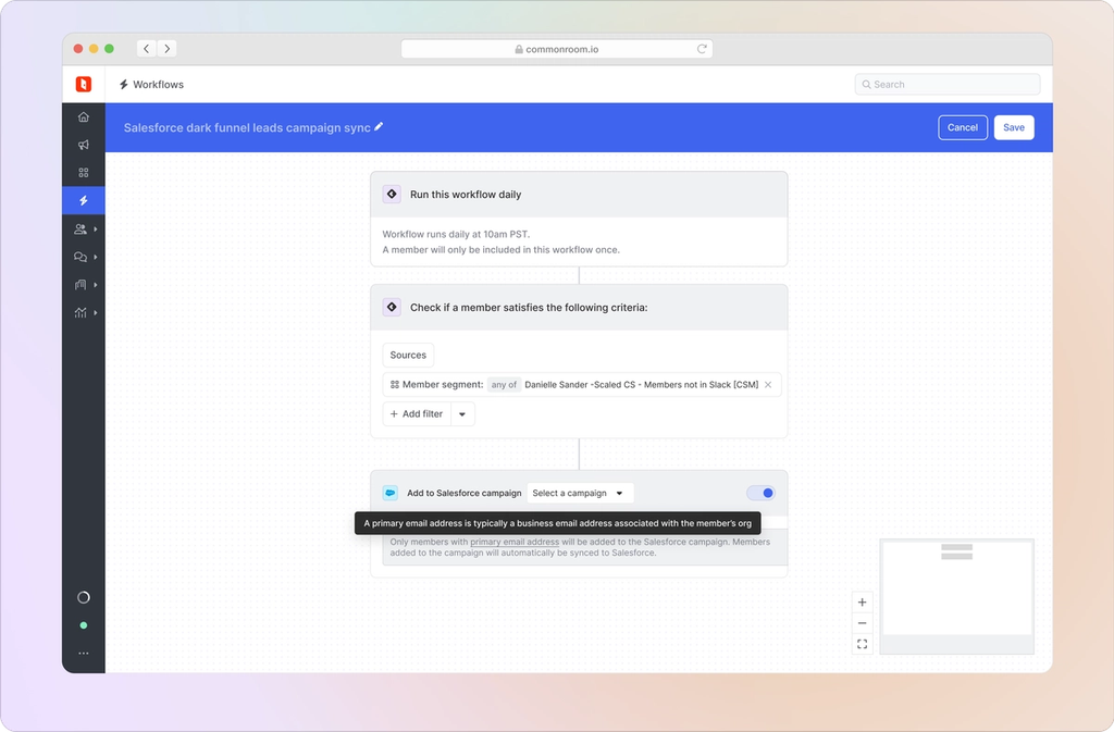 Image of workflow to add dark-funnel leads to Salesforce campaigns