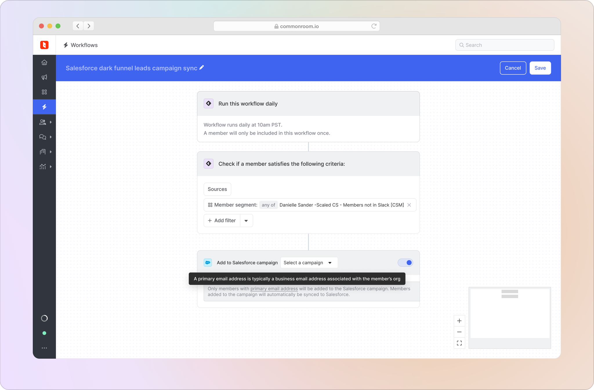 Image of workflow to add dark-funnel leads to Salesforce campaigns