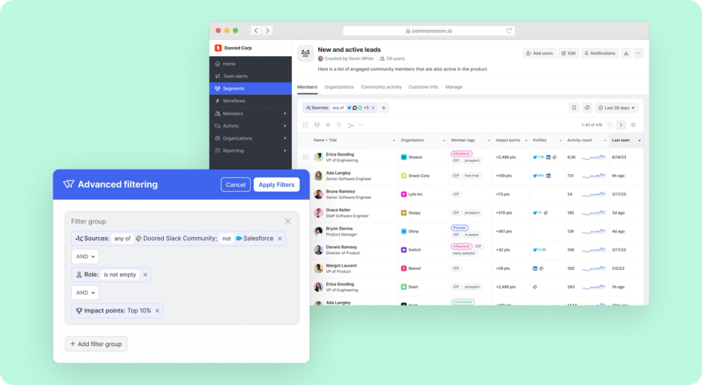 Product screenshot of Common Room's member segment with advanced filters
