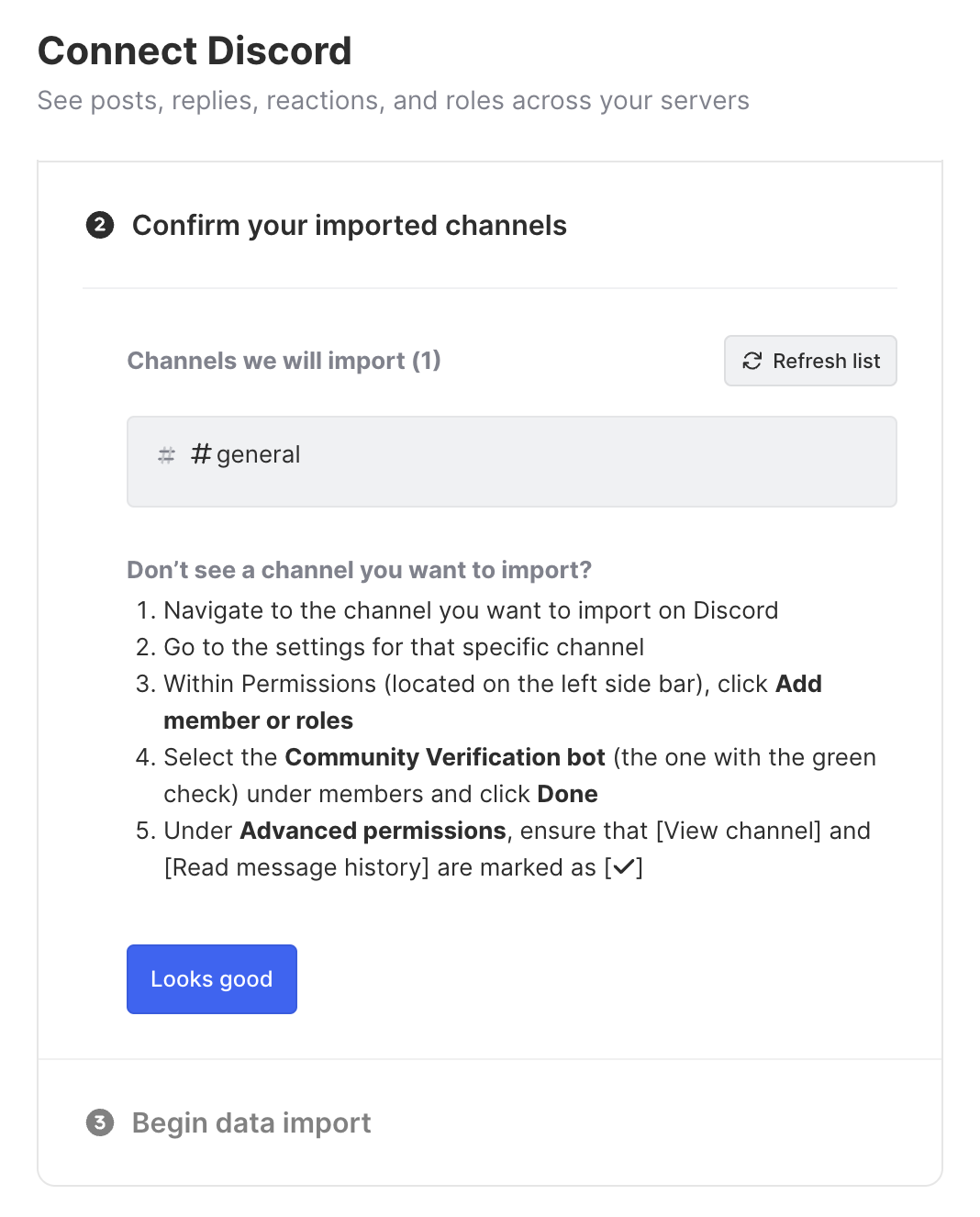 Confirm channels to import from Discord to Common Room