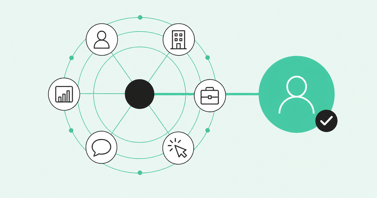 Network graph linking people, accounts, deals, conversations, signals, and product usage to one buyer profile