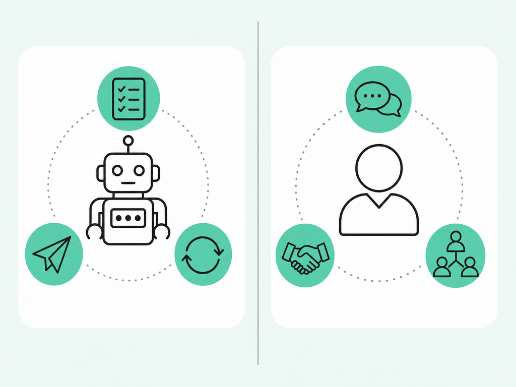 Illustration: a balanced two-panel split — an AI/robot side handling mechanical tasks (checklist, outreach, follow-up) and a human side handling judgment tasks (conversation, trust, multi-threading).