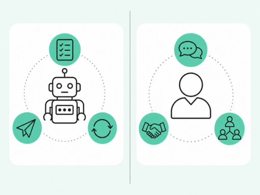 Illustration: a balanced two-panel split — an AI/robot side handling mechanical tasks (checklist, outreach, follow-up) and a human side handling judgment tasks (conversation, trust, multi-threading).