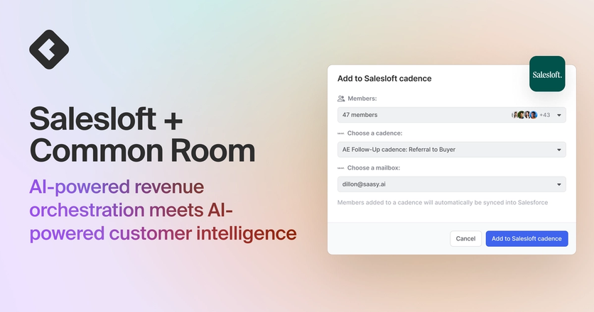 Blog title card with title: "Salesloft's AI-powered revenue orchestration meets Common Room's AI-powered customer intelligence"