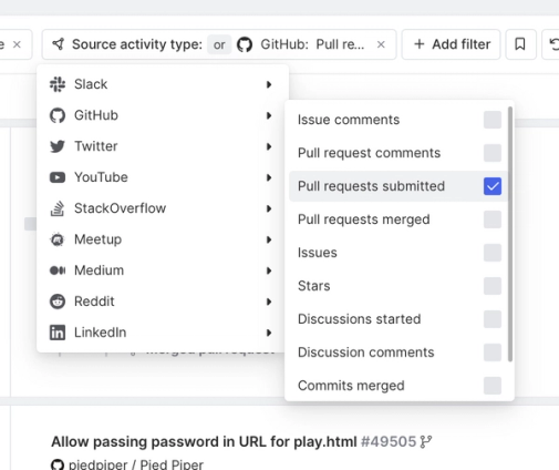 Filter by GitHub source activity type