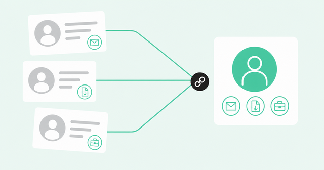 Three duplicate records for one buyer merging into a single resolved profile