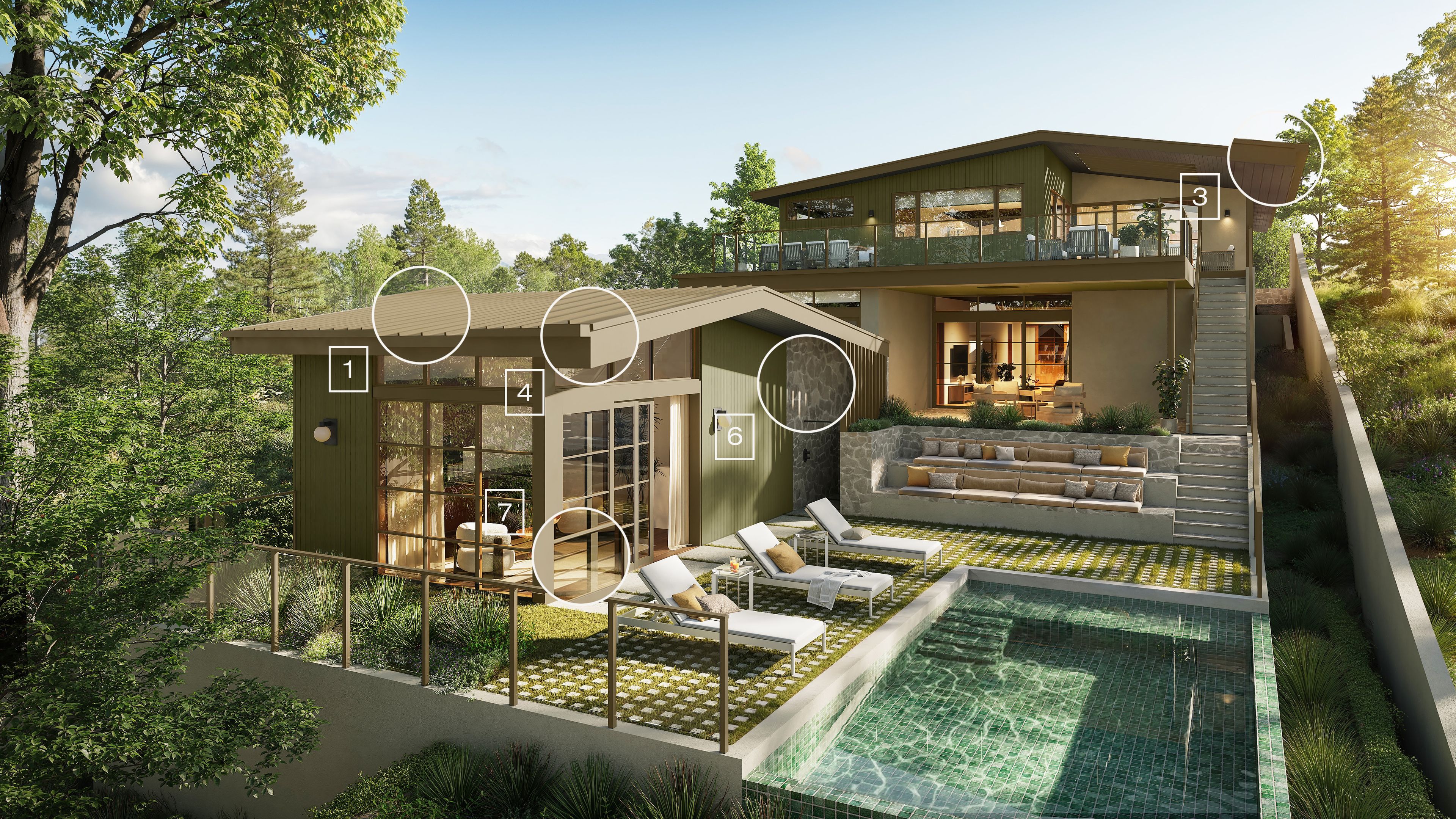 1. Metal Roof 2. Ember Resistant Roof/Eave Vents 3. Enclosed Roof Eave Overhangs 4. Gutter Leaf/Debris Screens 5. Fire Resistant Painted Siding 6. Exterior Stone Clanning 7. Aluminum Clad Windows and Doors