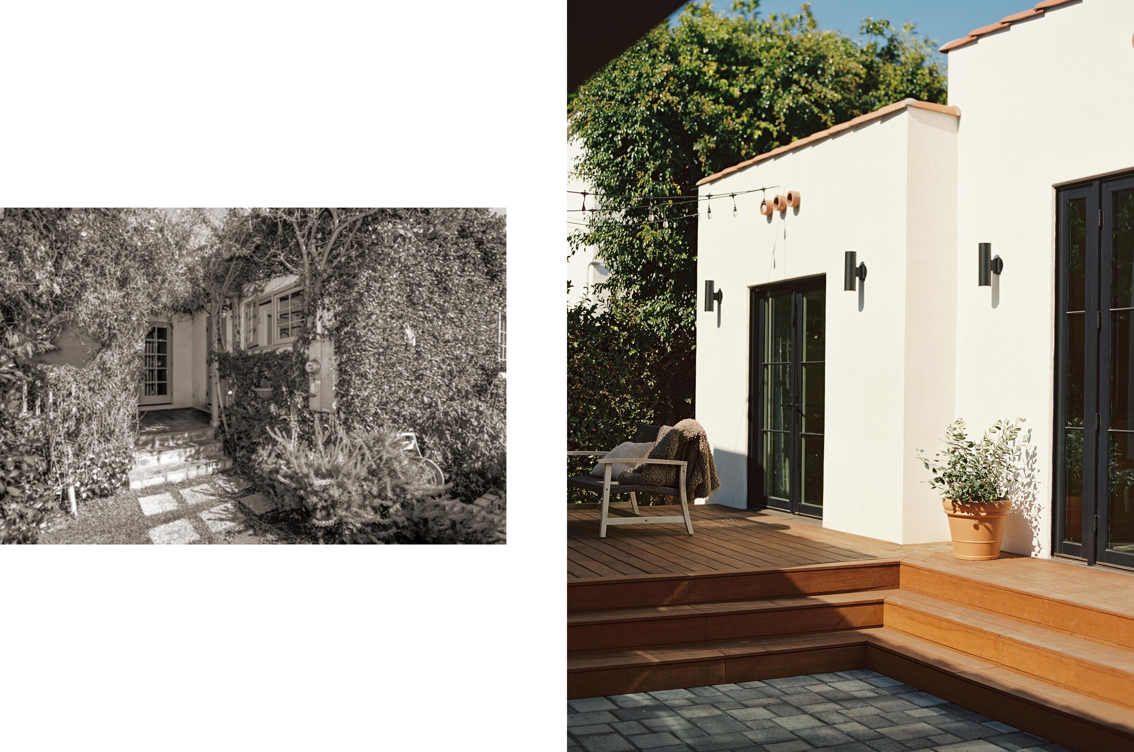 The backyard was previously over crowded by overgrowth, limiting light and usability. The new addition makes way for a courtyard and outdoor living space