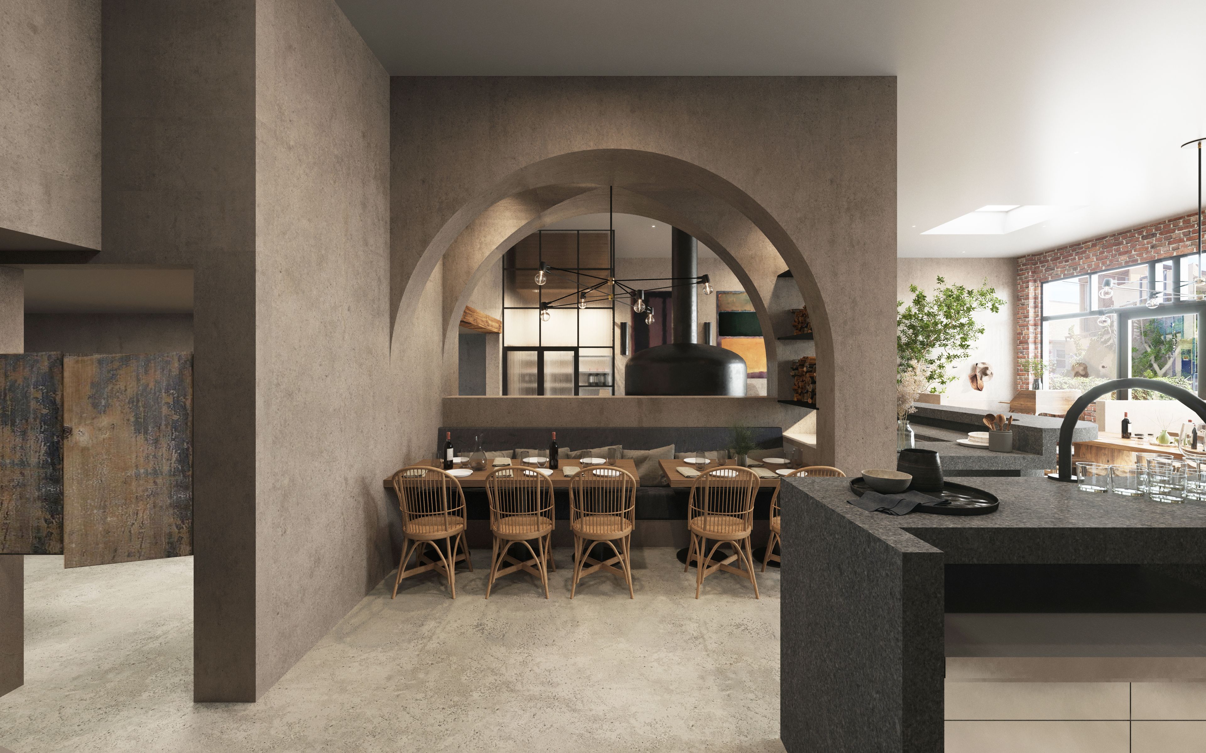 More intimate seating below a plastered archway with the hearth oven and wine room beyond.