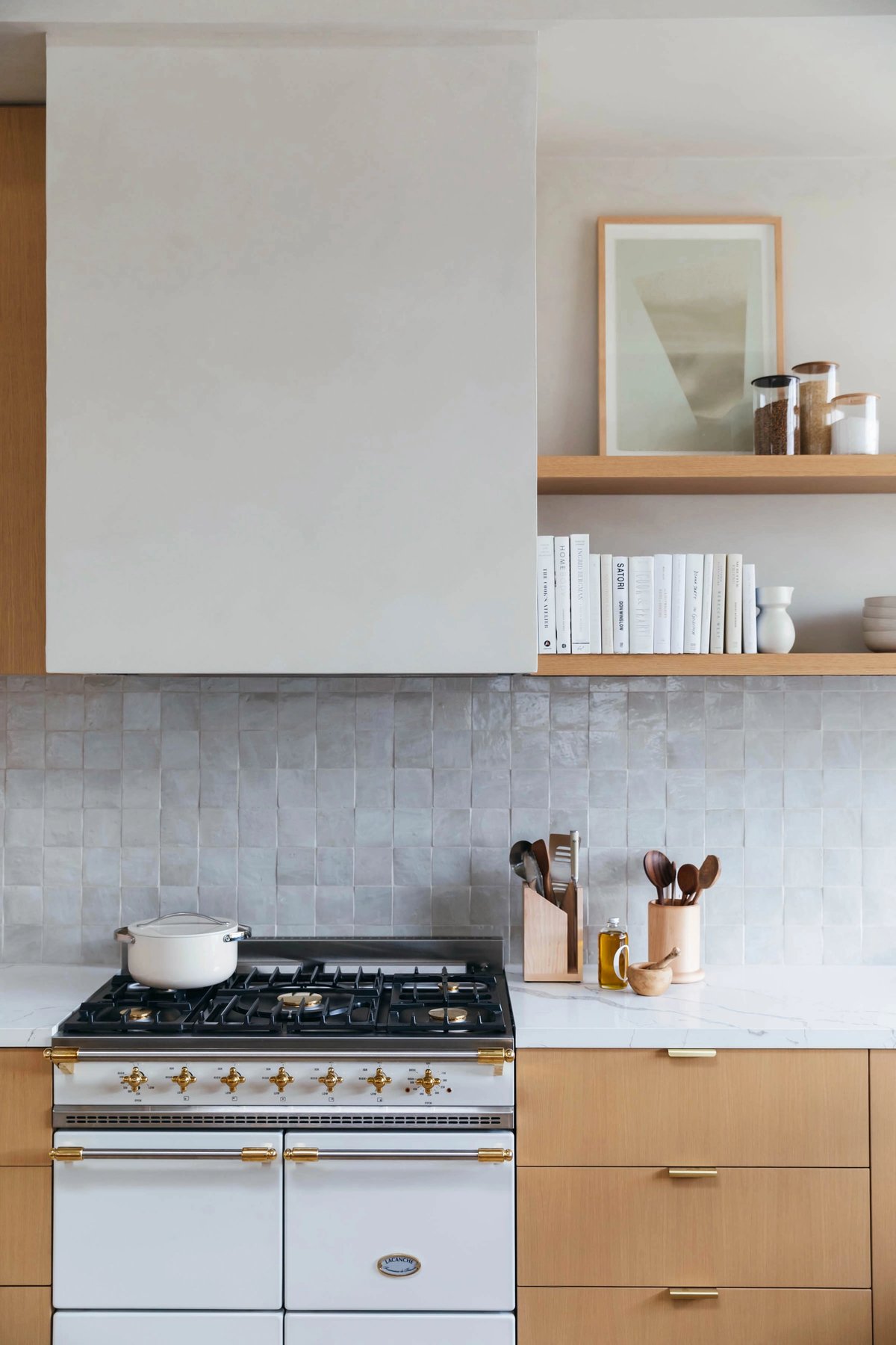 Handmade tile, plaster lime washed walls & custom cabinets