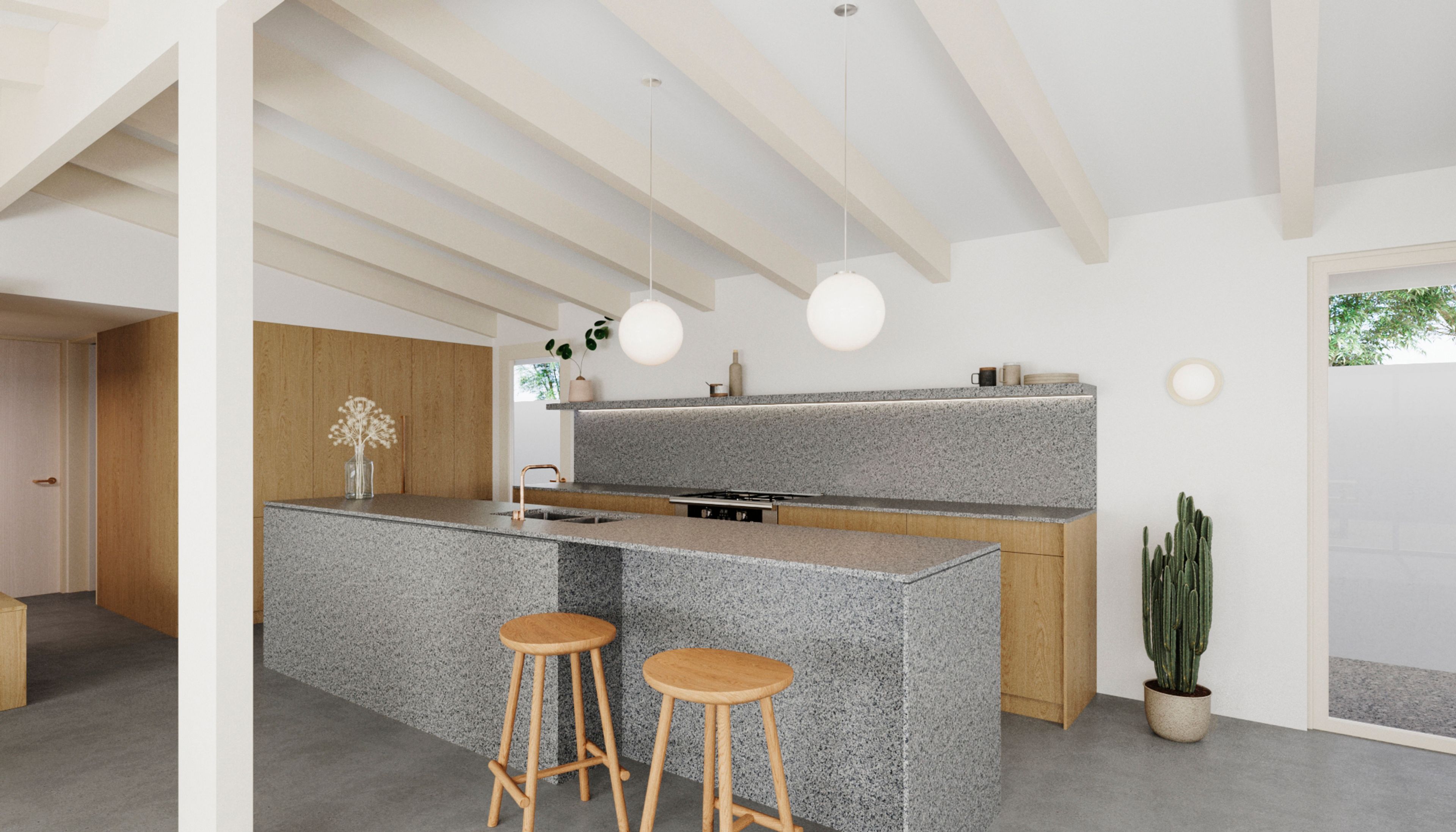 A granite kitchen island and seamless backsplash