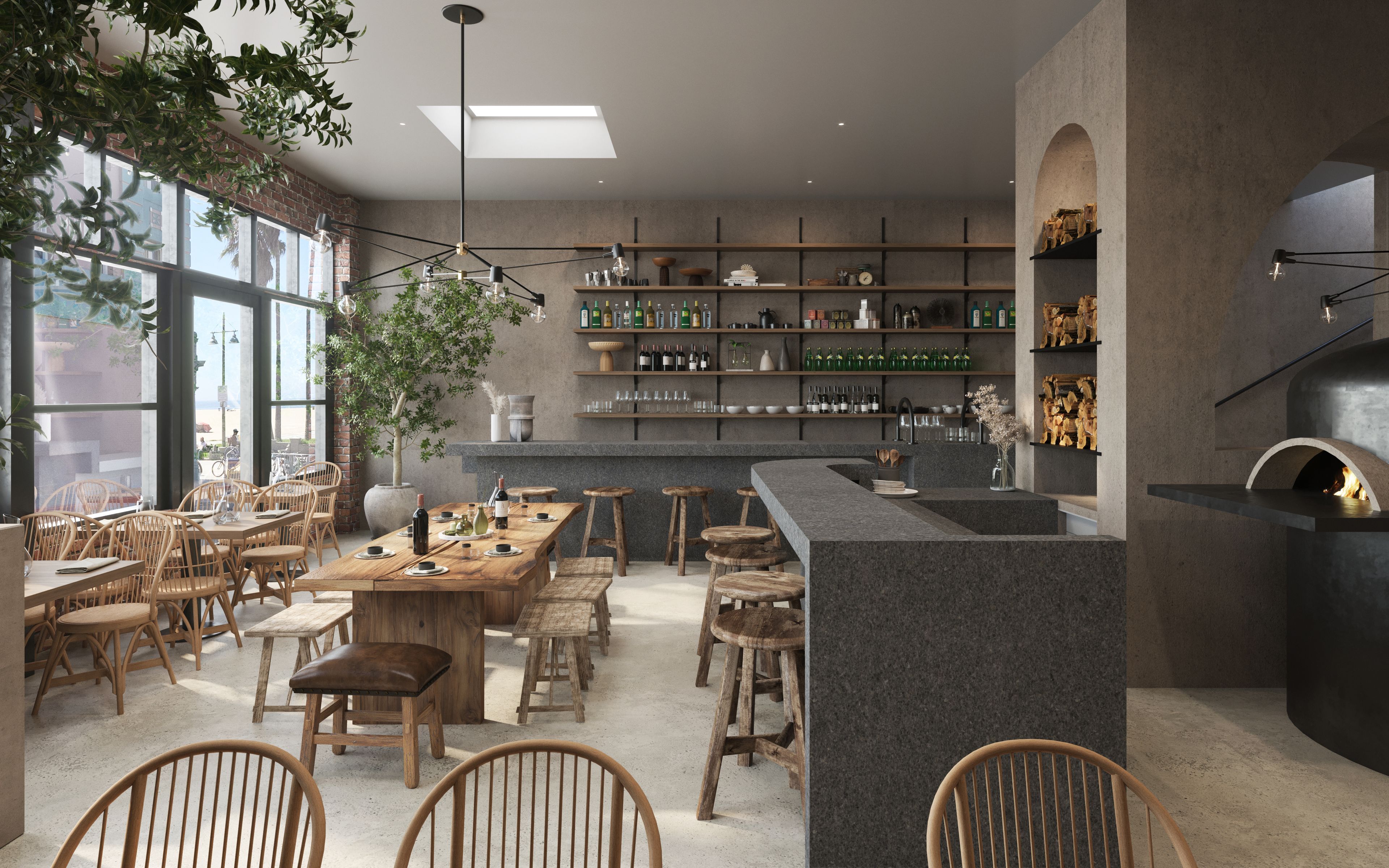 An assemblage of found and custom furniture pieces in the main dining space.