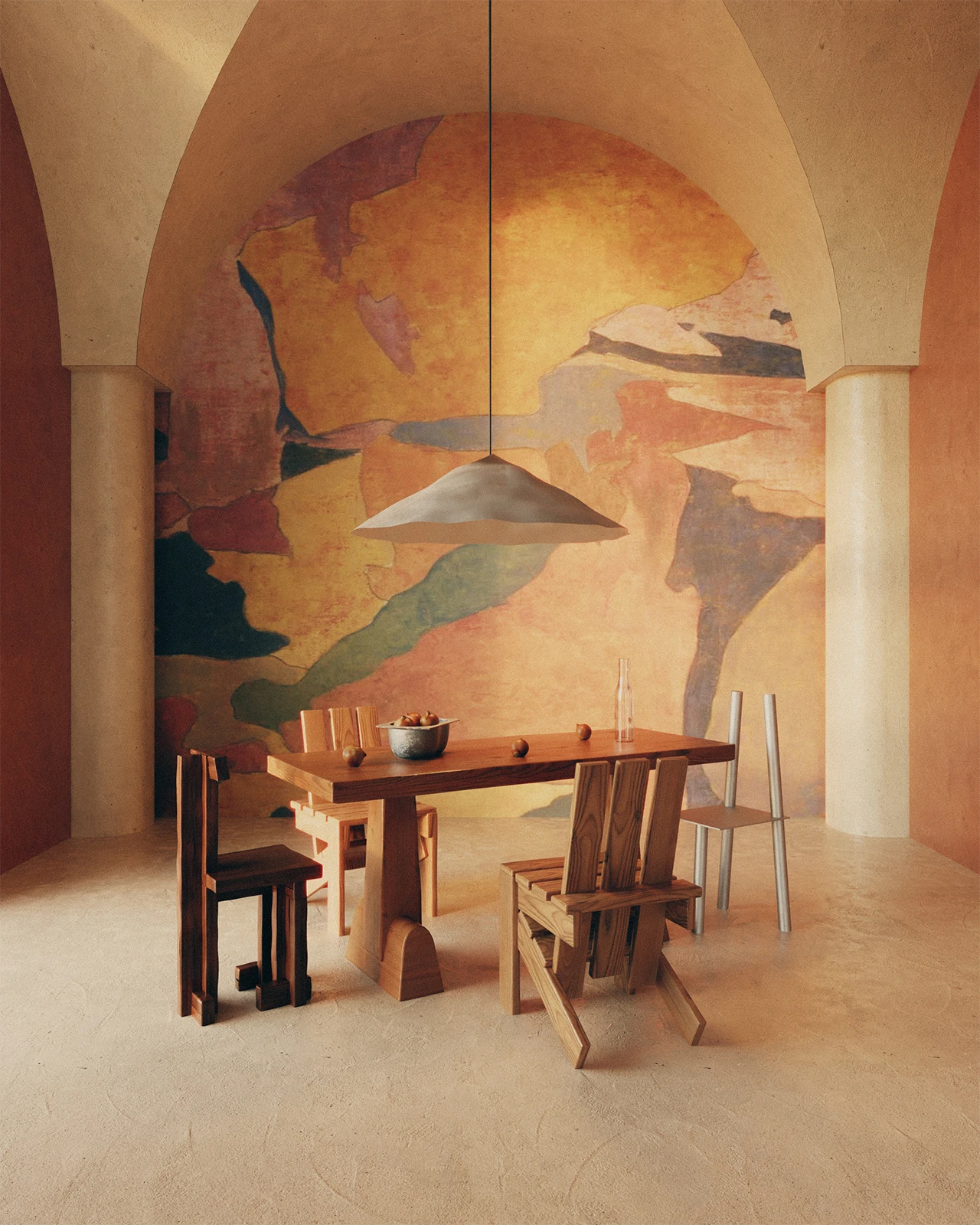 Dining scene with mural