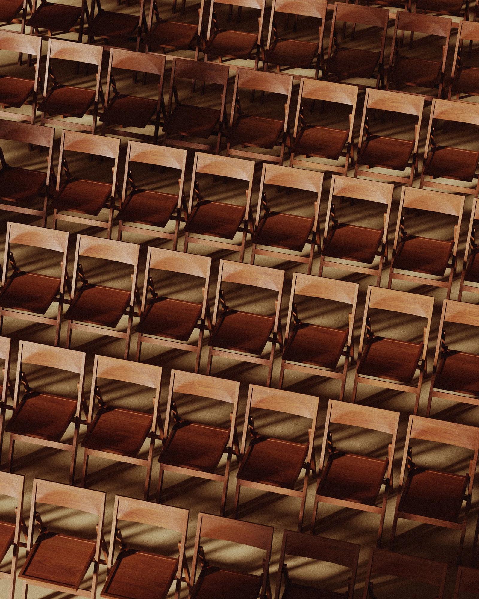 Rows of warm brown Frama folding chair