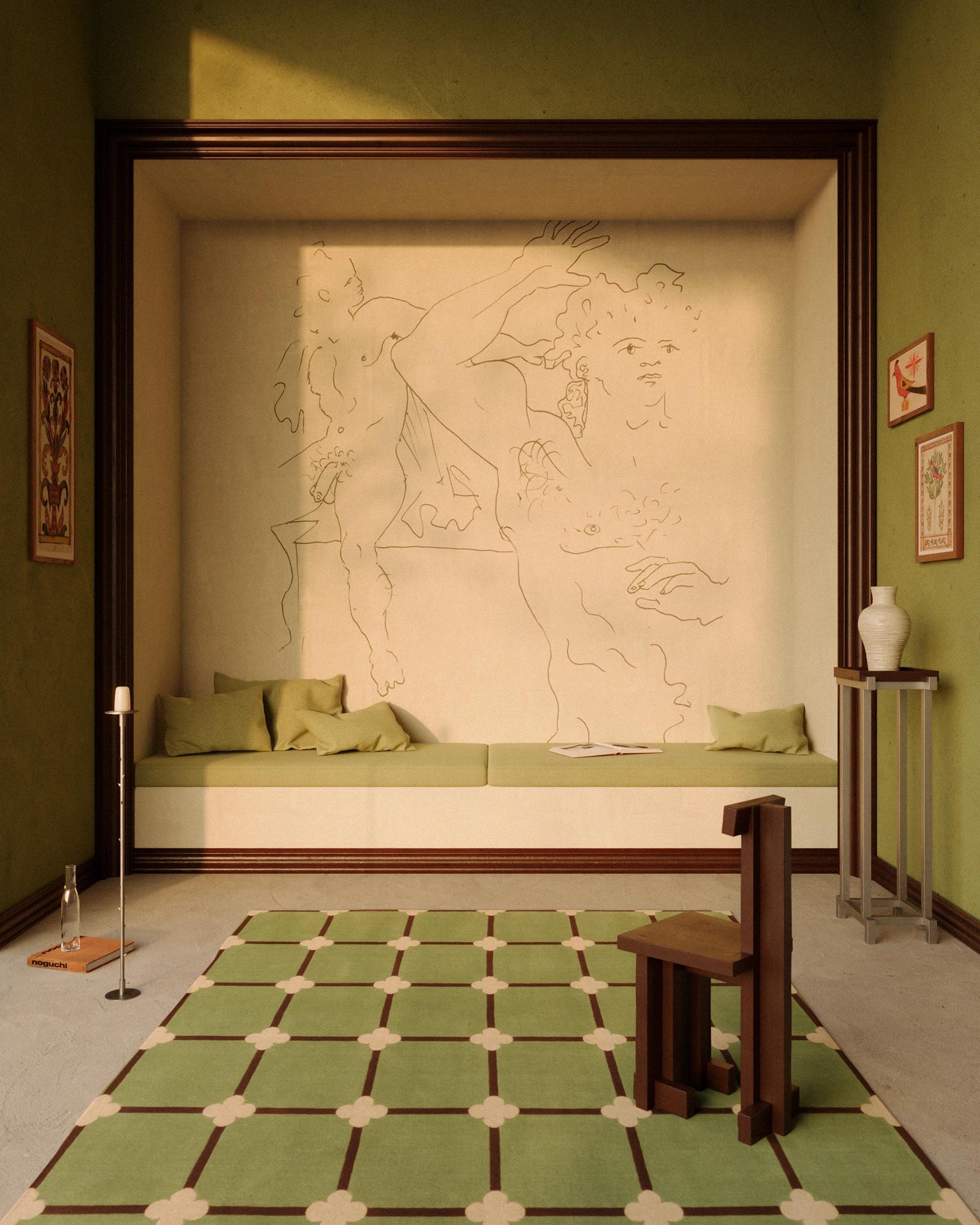 Reading nook with mural by Jean Cocteau