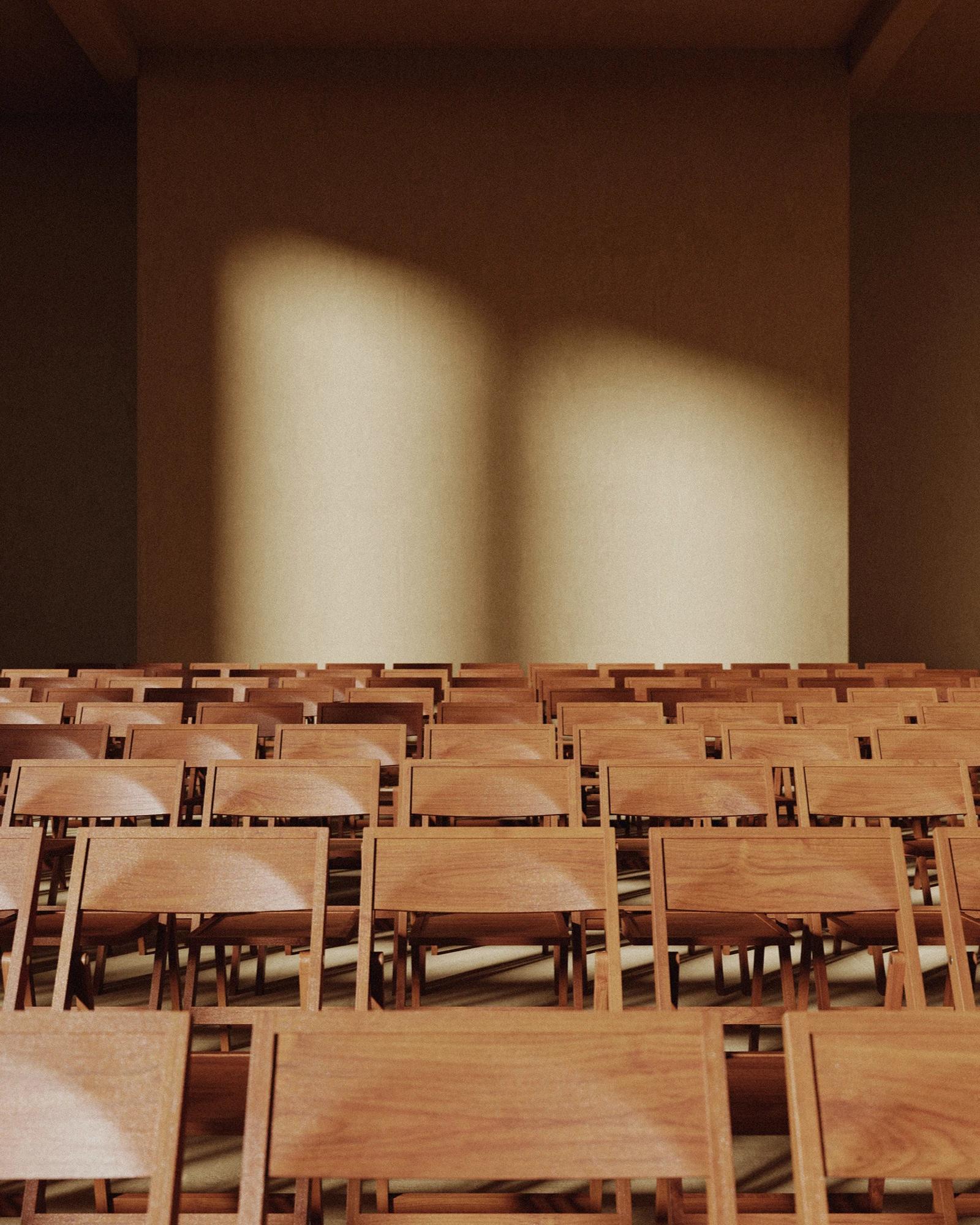 Rows of warm brown Frama folding chair