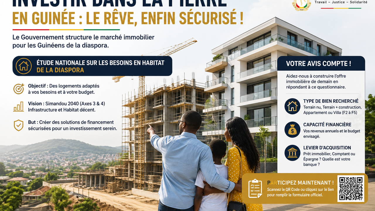 Un passeport guinéen et un smartphone affichant un formulaire d'investissement, posés sur des plans architecturaux modernes.