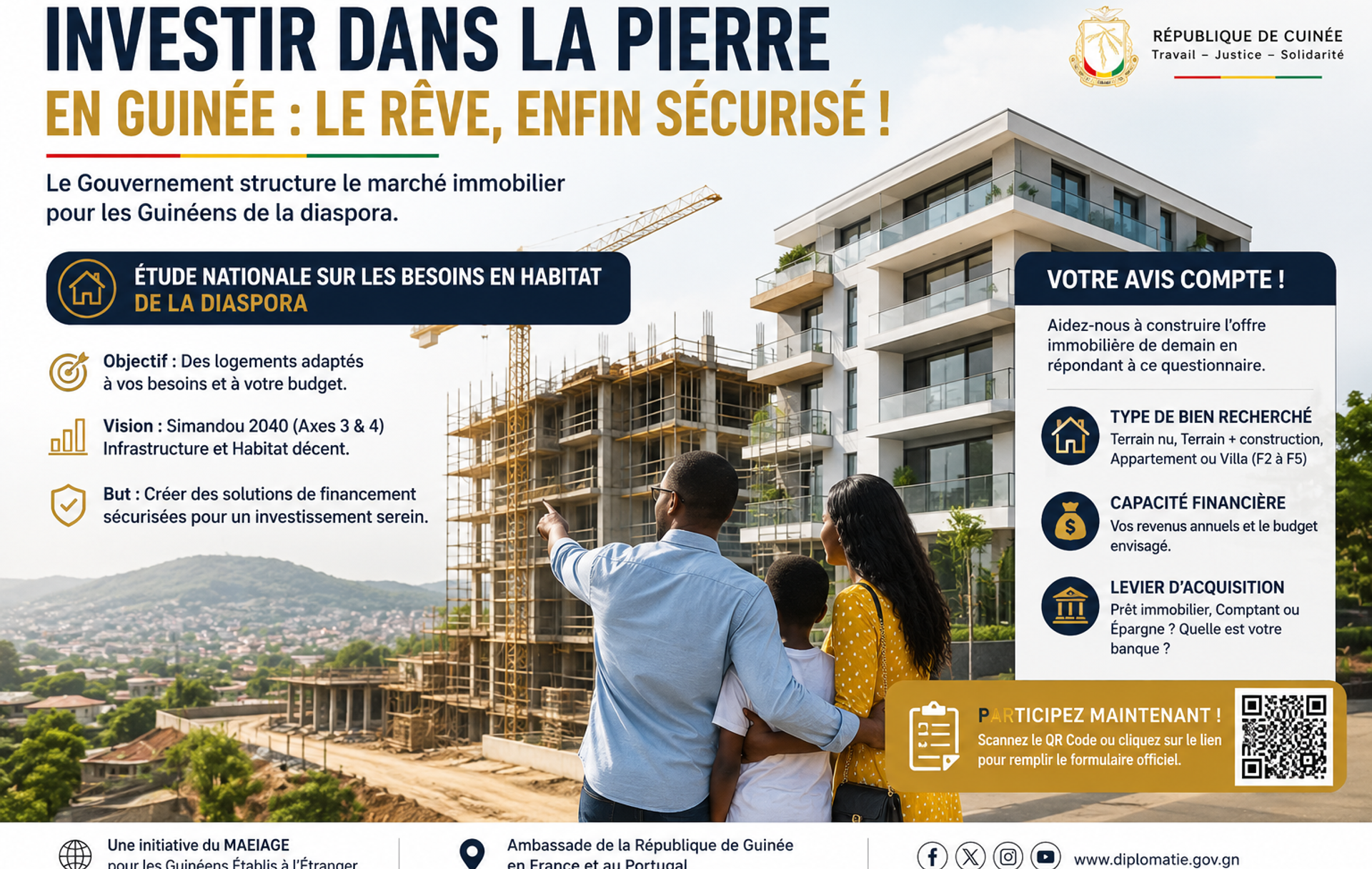 Un passeport guinéen et un smartphone affichant un formulaire d'investissement, posés sur des plans architecturaux modernes.