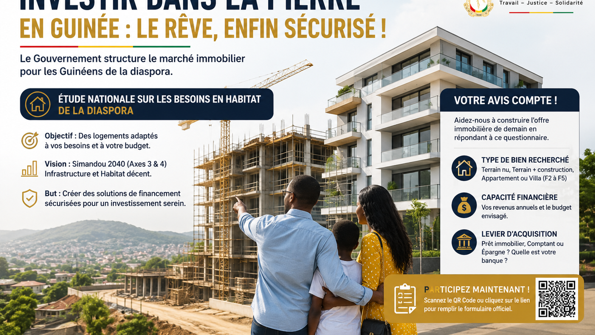 Un passeport guinéen et un smartphone affichant un formulaire d'investissement, posés sur des plans architecturaux modernes.