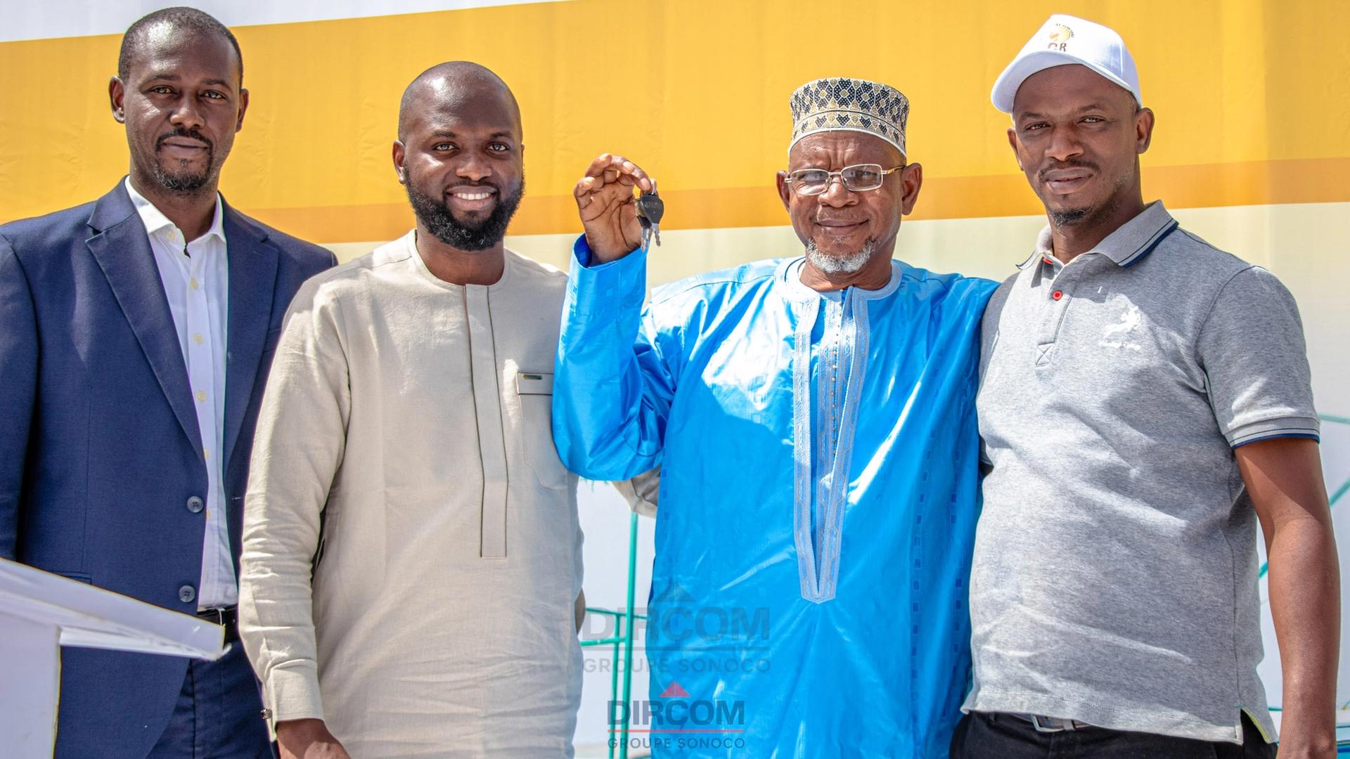 Distribution ceremony of tricycles and pickup trucks to partner distributors and bakers at the Les Moulins d’Afrique (LMA) industrial site in Tombolia, Guinea.