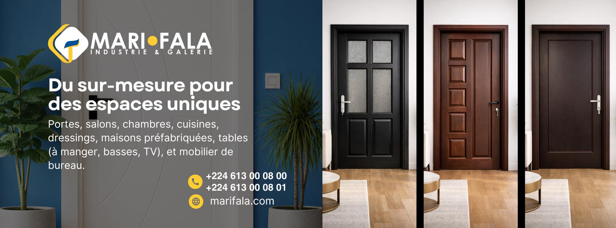 Showroom moderne de meubles MARIFALA en Guinée avec des salons contemporains, des employés guinéens et des clients découvrant des meubles fabriqués localement.
