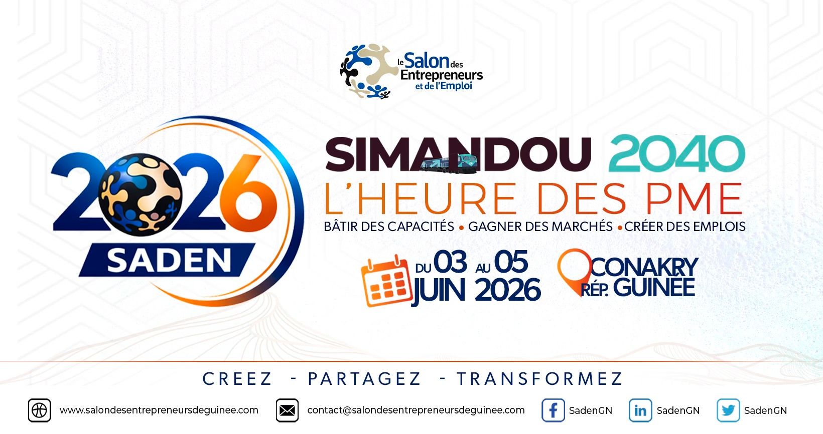 Affiche officielle du SADEN 2026 (Salon des Entrepreneurs et de l'Emploi de Guinée) avec le thème Simandou 2040.