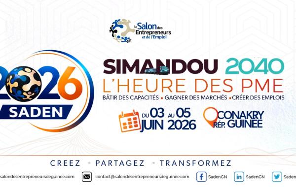 Affiche officielle du SADEN 2026 (Salon des Entrepreneurs et de l'Emploi de Guinée) avec le thème Simandou 2040.