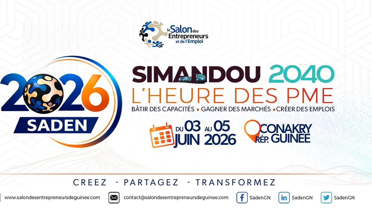 Affiche officielle du SADEN 2026 (Salon des Entrepreneurs et de l'Emploi de Guinée) avec le thème Simandou 2040.