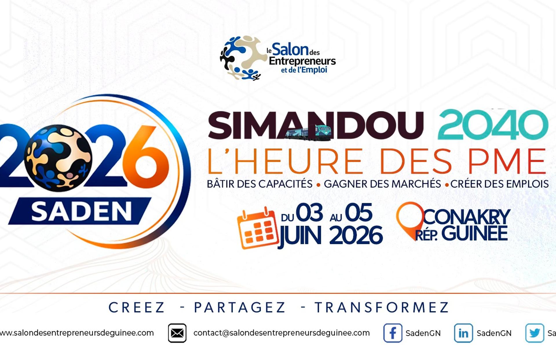 Affiche officielle du SADEN 2026 (Salon des Entrepreneurs et de l'Emploi de Guinée) avec le thème Simandou 2040.
