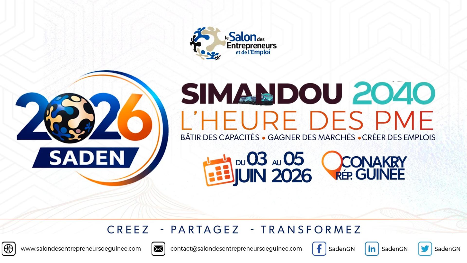 Affiche officielle du SADEN 2026 (Salon des Entrepreneurs et de l'Emploi de Guinée) avec le thème Simandou 2040.