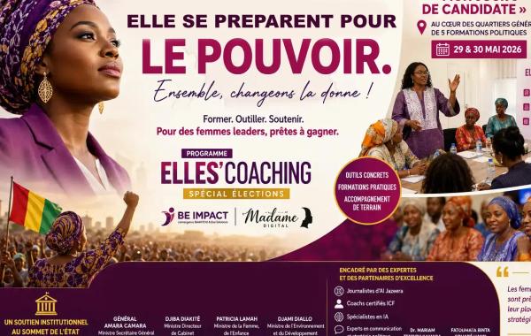 Une session de coaching stratégique avec des femmes candidates, animée par les expertes d'ELLES'COACHING dans un QG de campagne à Conakry.