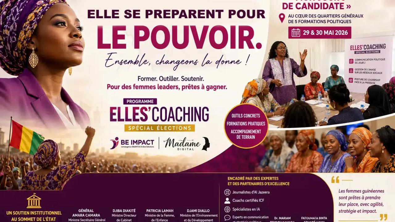 A strategic coaching session for female political candidates led by ELLES’COACHING experts inside a campaign headquarters in Conakry.