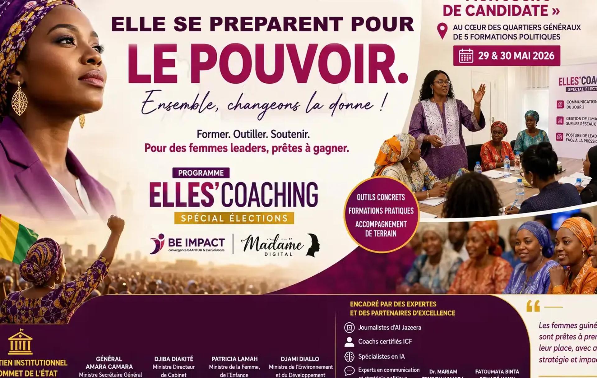 A strategic coaching session for female political candidates led by ELLES’COACHING experts inside a campaign headquarters in Conakry.