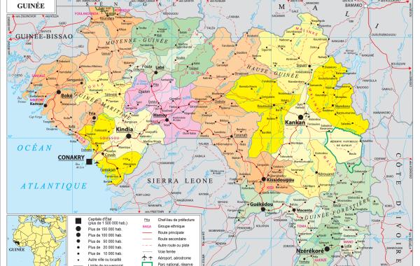 Carte de la Guinée montrant les régions, les préfectures et les principales villes du pays